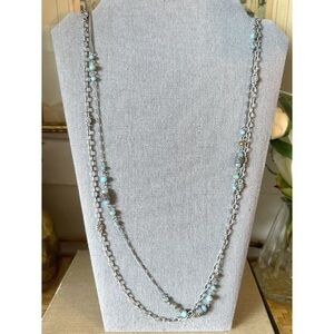 Long Silver and Blue Beaded Necklace